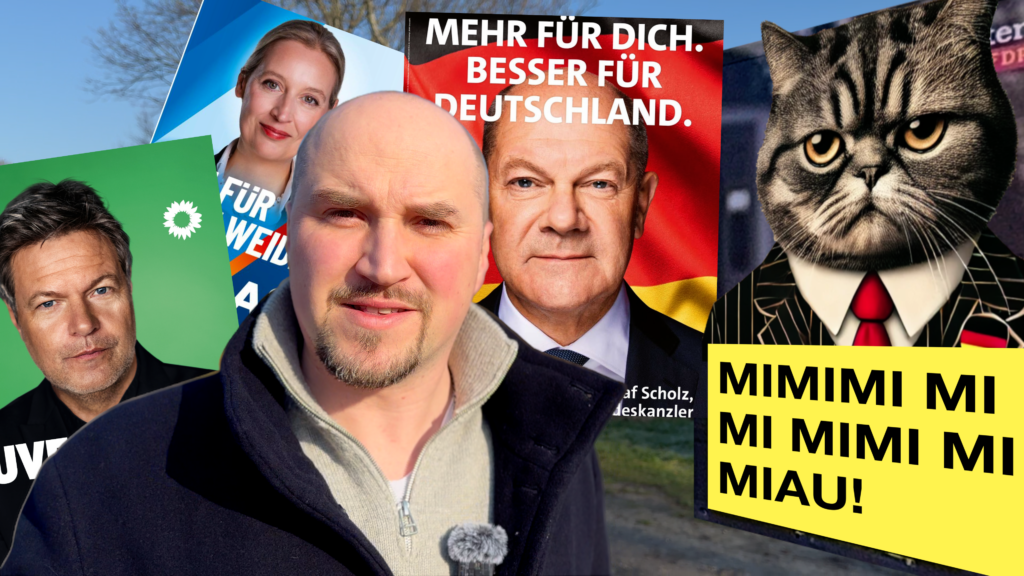 Mann vor verschiedenen Wahlplakaten, darunter bekannte Politiker und ein satirisches Katzenplakat. Thema: Marketing-Fehler und Werbestrategien in der politischen Kommunikation.