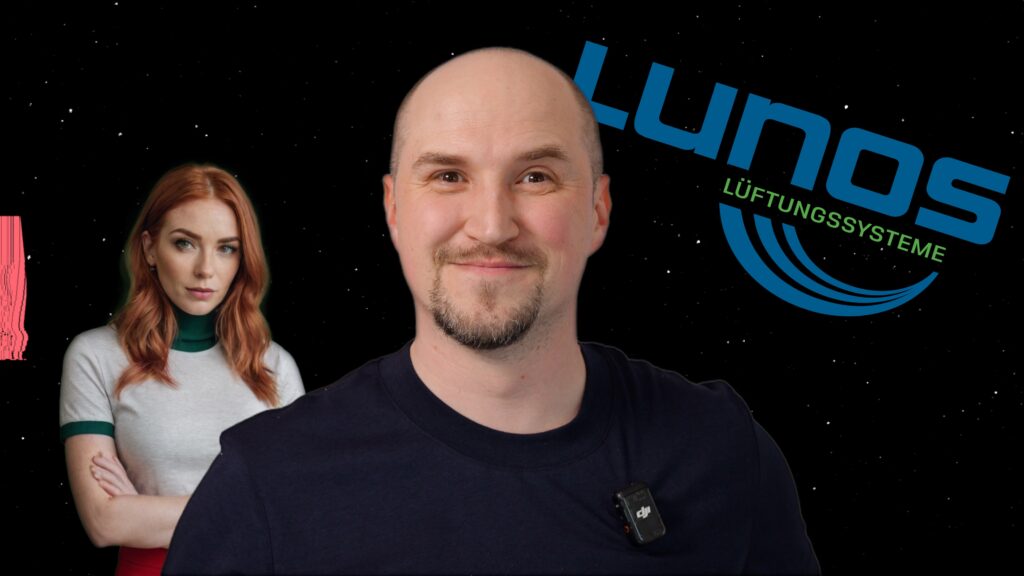 Daniel Rolle und Eva Teen (KI) vor dem LUNOS-Logo auf schwarzem Hintergrund – Symbolbild für KI im Mittelstand und Digitalisierung bei LUNOS