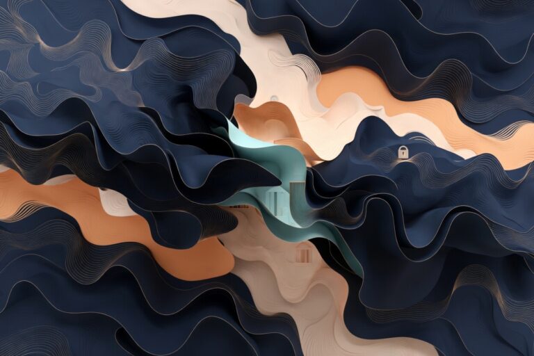 Adaptive generative KI-Schnittstelle für Sozialarbeit: Fließende, sichere digitale Formen in Navy-Blau und Teal symbolisieren flexible, menschzentrierte Workflows mit geschützten Daten.