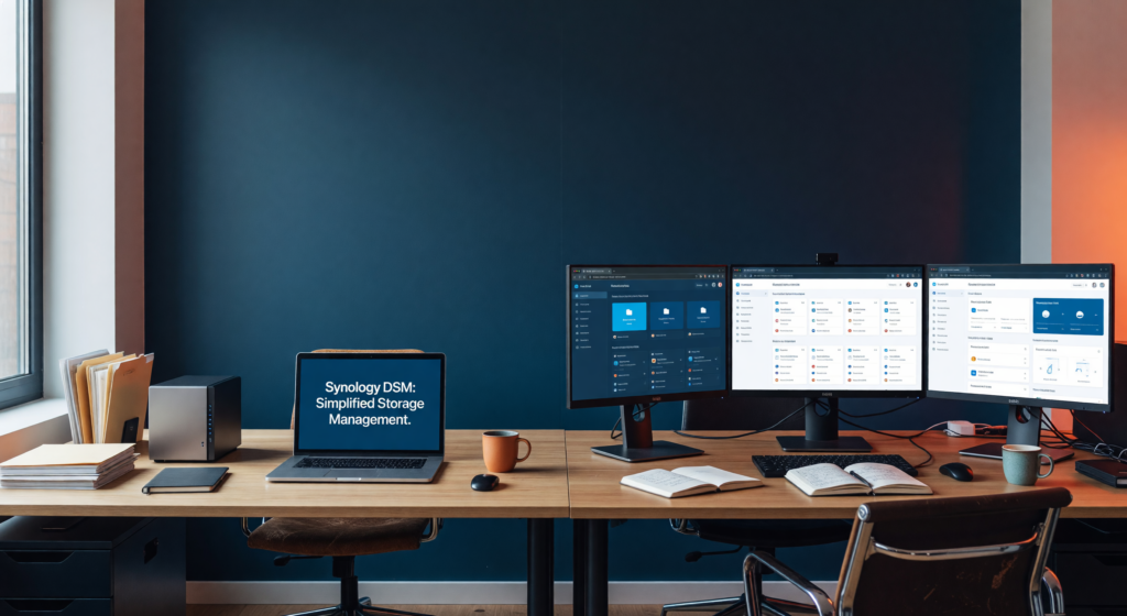Moderne Büroszene mit Synology und Nextcloud Workstations, die unterschiedliche Ansätze zur Dateiablage zeigen.