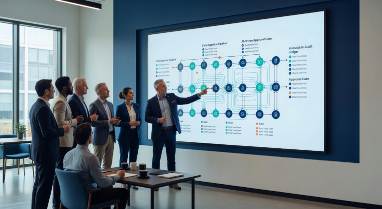Professionelles Team diskutiert um digitalen Bildschirm, der Datenflüsse und Freigaben von Embedded KI-Agenten zeigt.