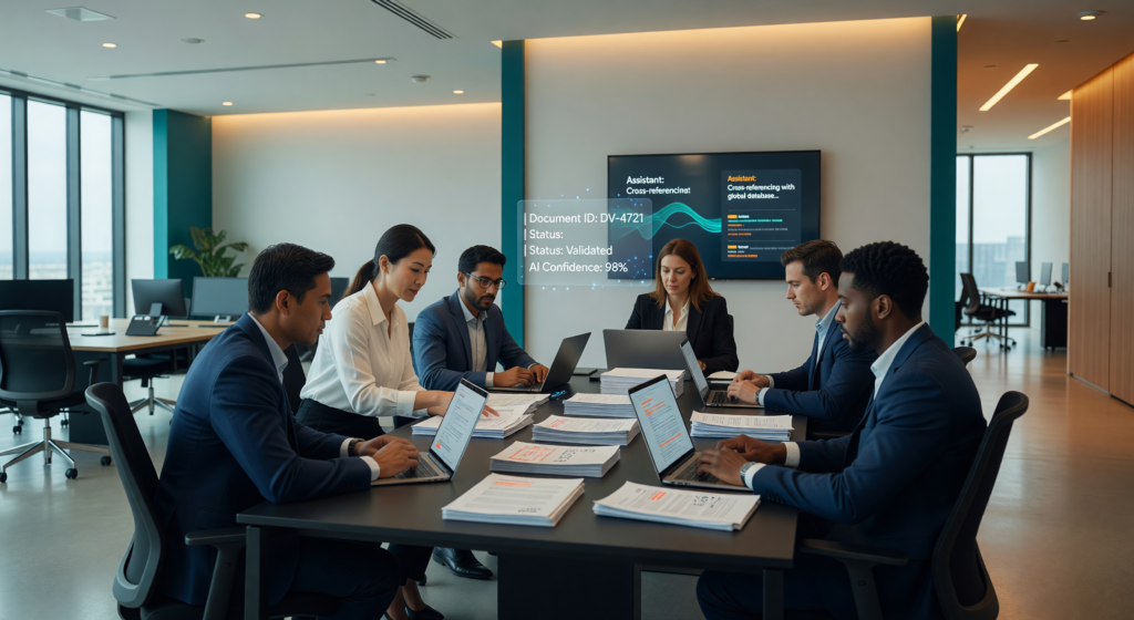 Professionelles Team validiert Dokumente in modernem Büro mit KI-Integration und strukturiertem Workflow.